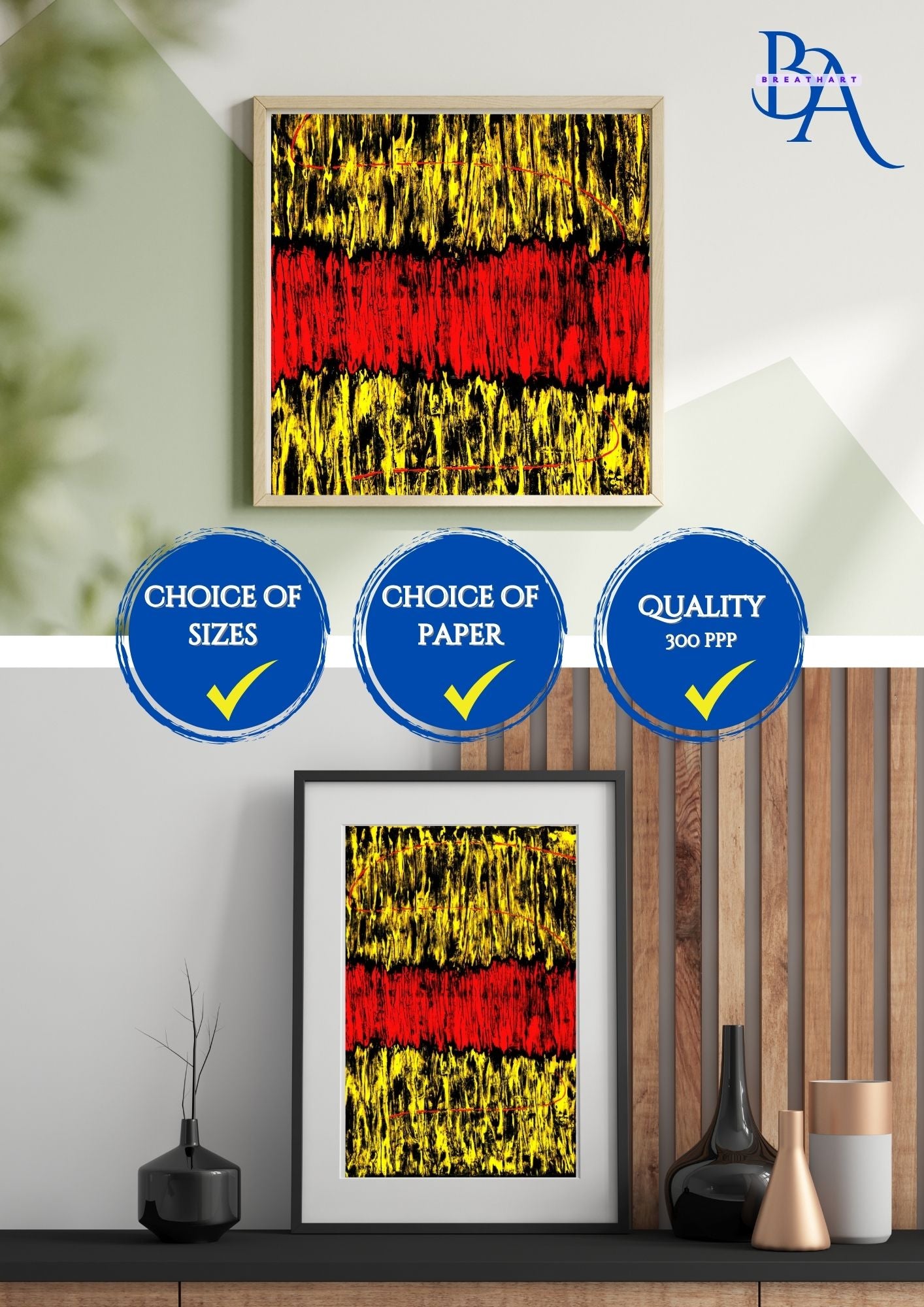 Tableau abstrait en tonalités rouges noires et jaunes – Une œuvre sereine qui évoque la tranquillité et l’harmonie.