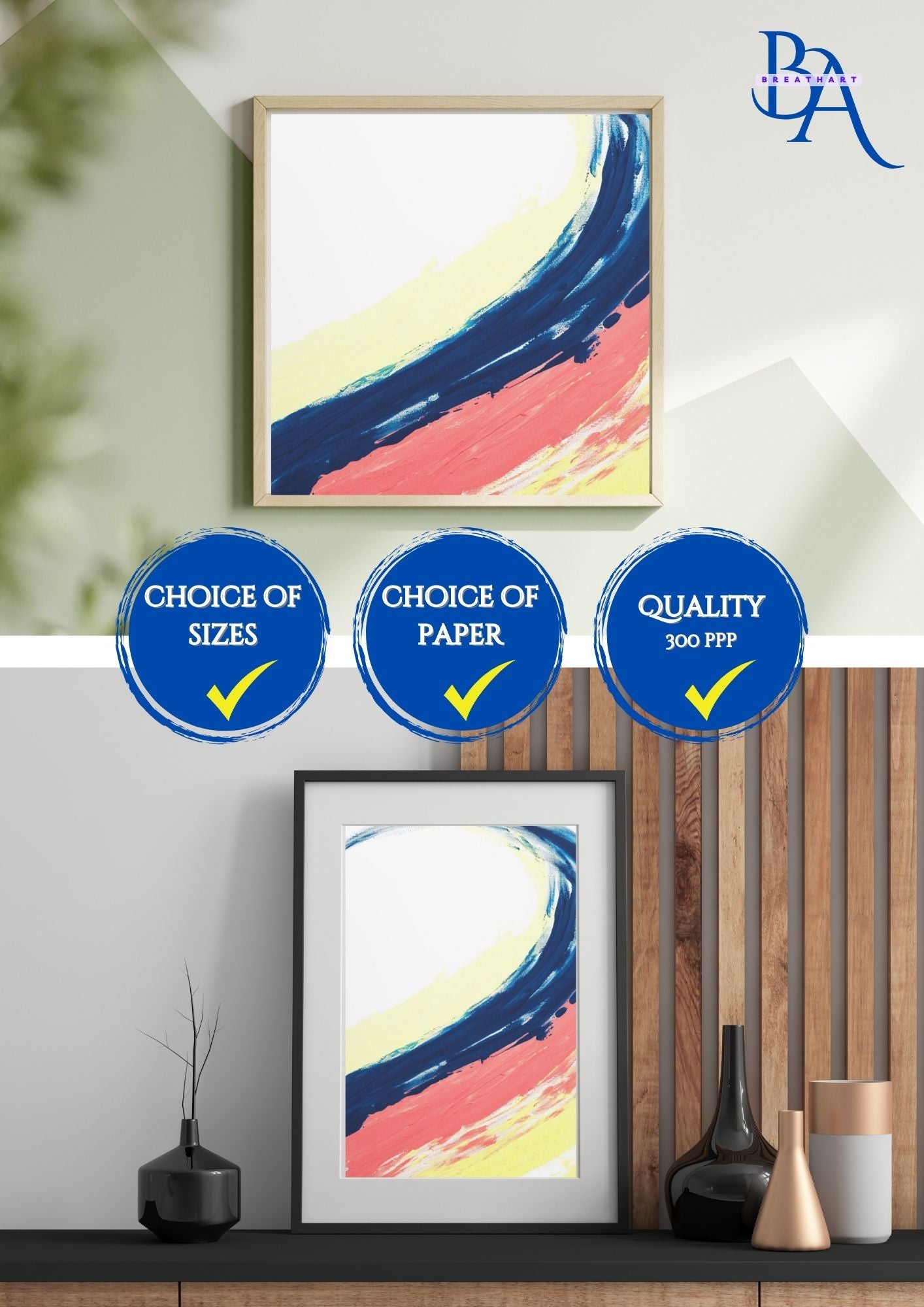 Peinture abstraite en dégradés bleu rose et jaune vague. Une pièce douce et apaisante qui invite à la rêverie dans votre décoration d'intérieure.