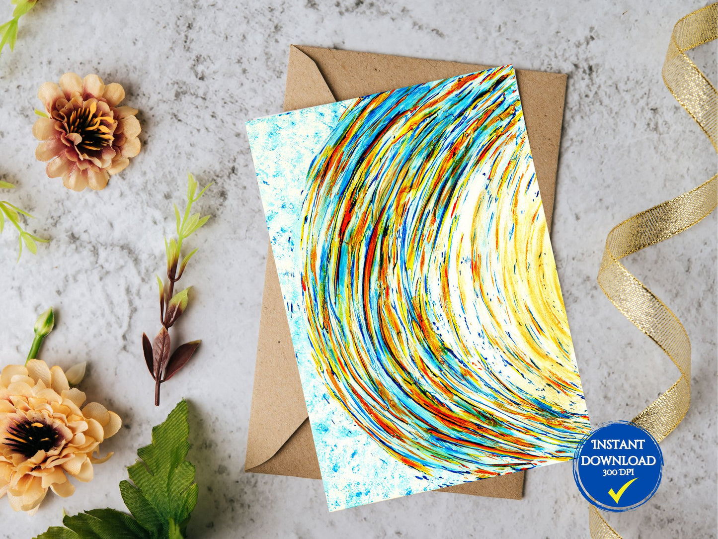 Carte de vœux numérique avec art abstrait en jaune et crème, parfaite pour accompagner un cadeau.