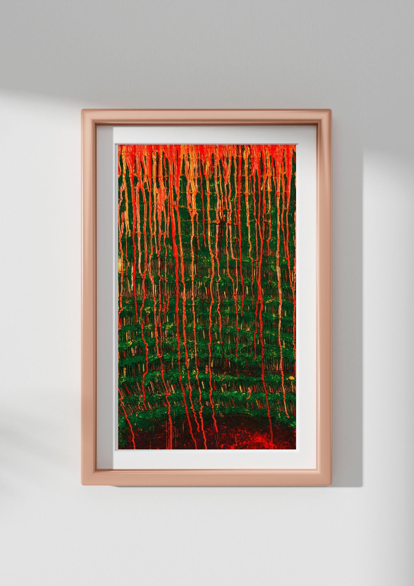 Tableau abstrait contemporain en vert foncé, rouge vigne – Un choix élégant et intemporel pour un décor chic.