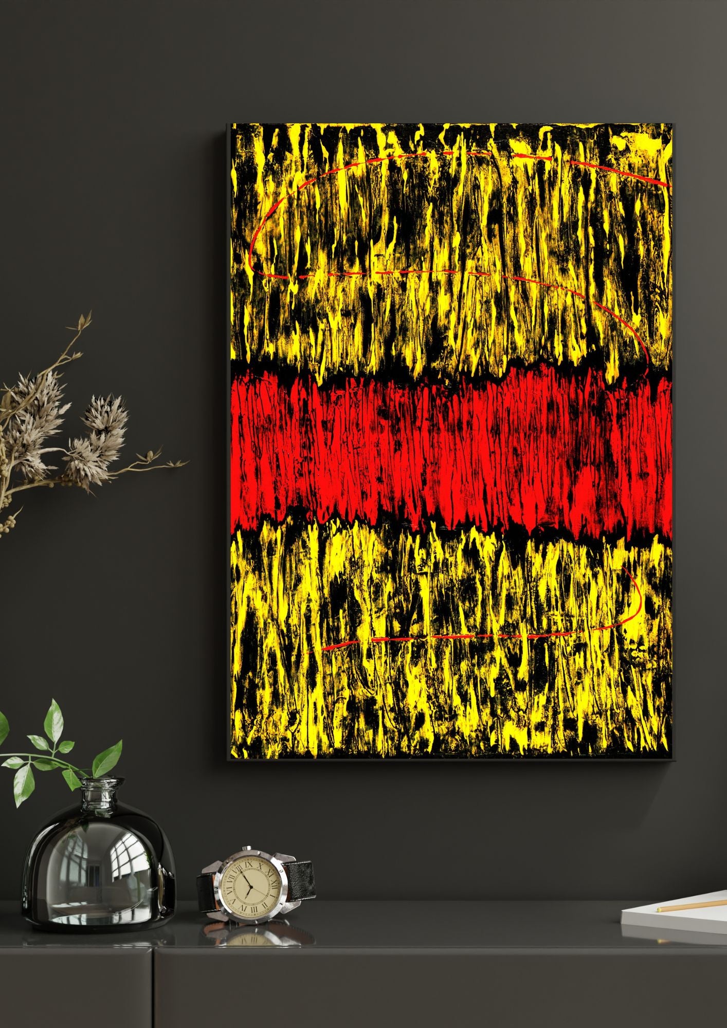 Peinture abstraite texturée en rouge noir et jaune avec texture. Un mélange audacieux de couleurs riches qui attire le regard.