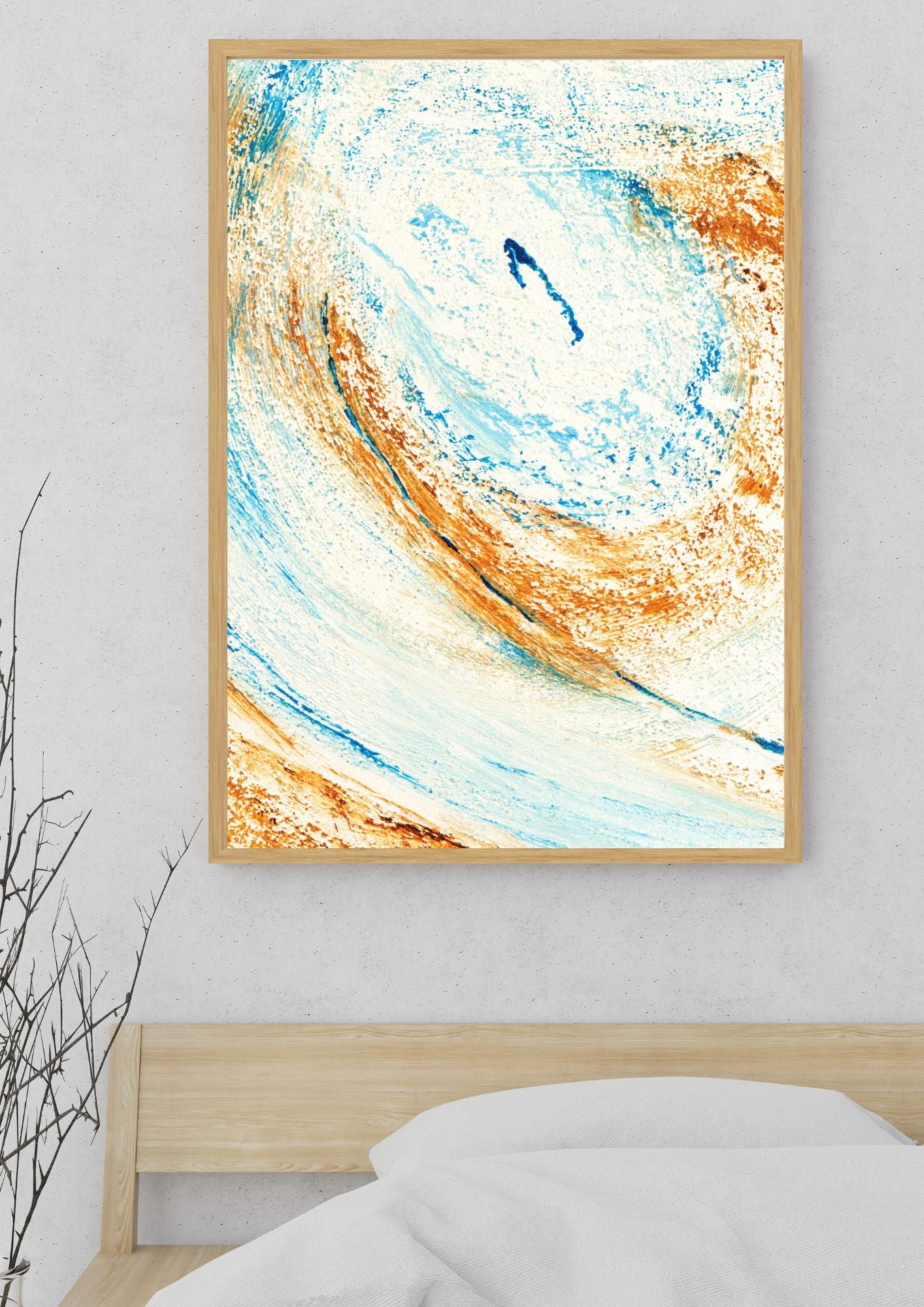 Peinture abstraite énergique avec éclaboussures de peinture sable bleu et marron – Un design qui apporte du caractère et de la vitalité à votre décoration.