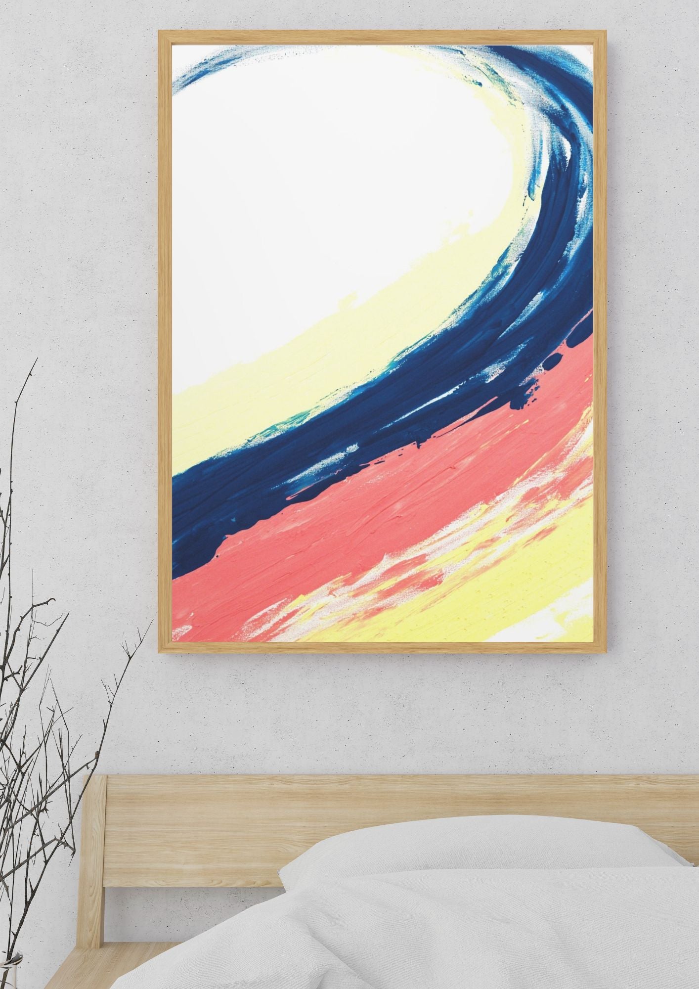 Affiche murale d’art abstrait aux couleurs des vagues et de la plage – Une œuvre qui réchauffe l’espace et crée une atmosphère accueillante.