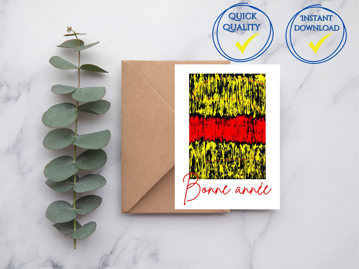 Carte de voeux numérique à personnaliser "Bonne année", Art Abstrait noir, rouge et jaune