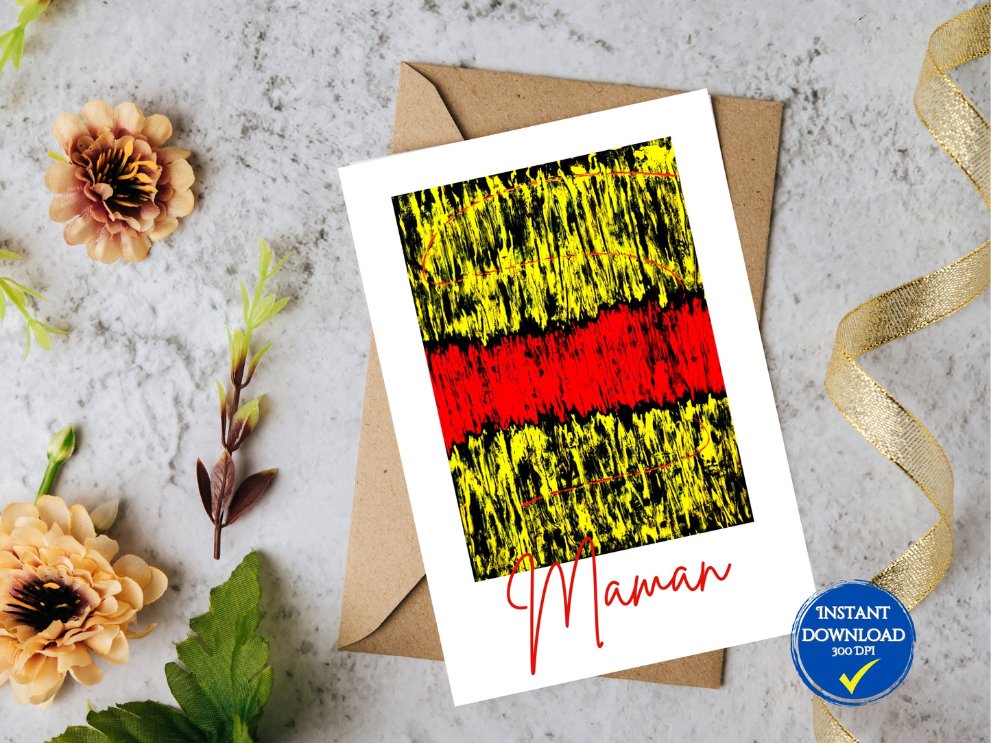 Carte de voeux numérique à personnaliser "Bonne année", Art Abstrait noir, rouge et jaune