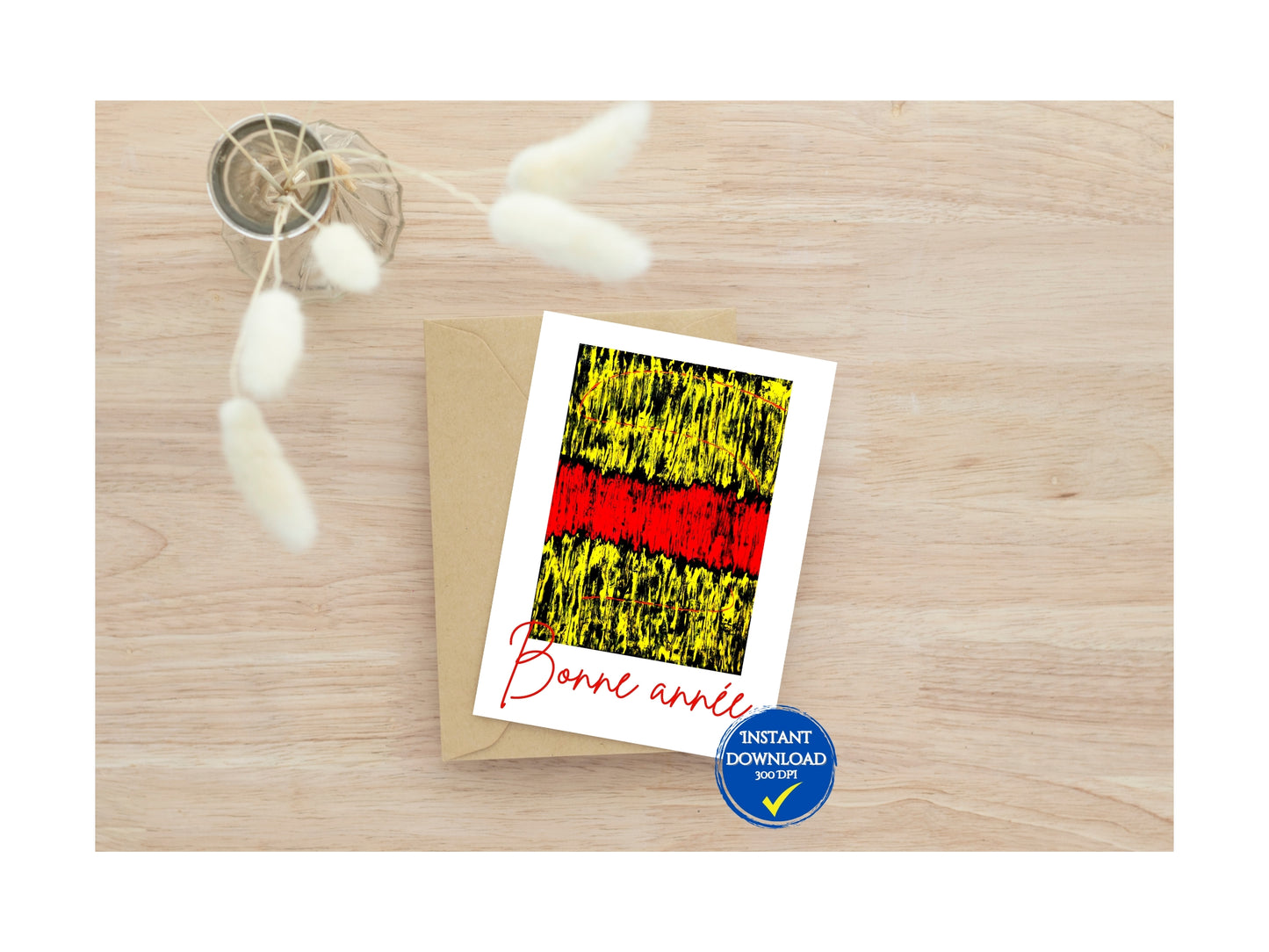 Carte de voeux numérique à personnaliser "Bonne année", Art Abstrait noir, rouge et jaune