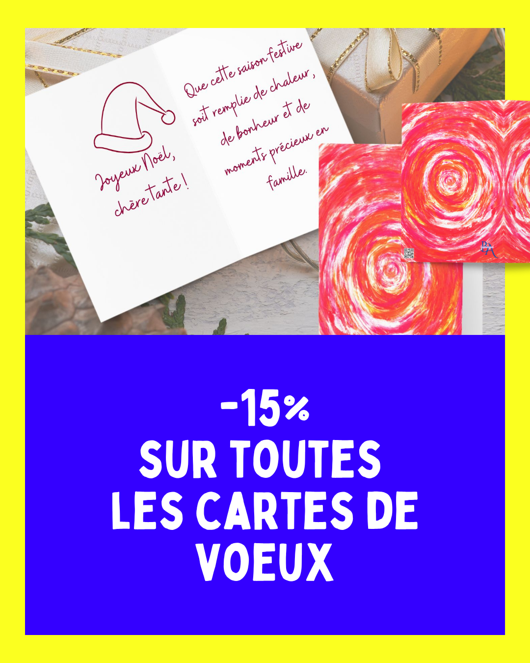 Cartes de vœux festives et personnalisables Breathartatelier.com, parfaites pour accompagner vos cadeaux de Noël. Designs uniques et artistiques pour transmettre des messages chaleureux et authentiques pendant les fêtes.