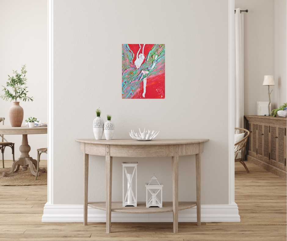 Peinture artistique d’une danseuse aux formes abstraites, entourée d’une explosion de couleurs.
