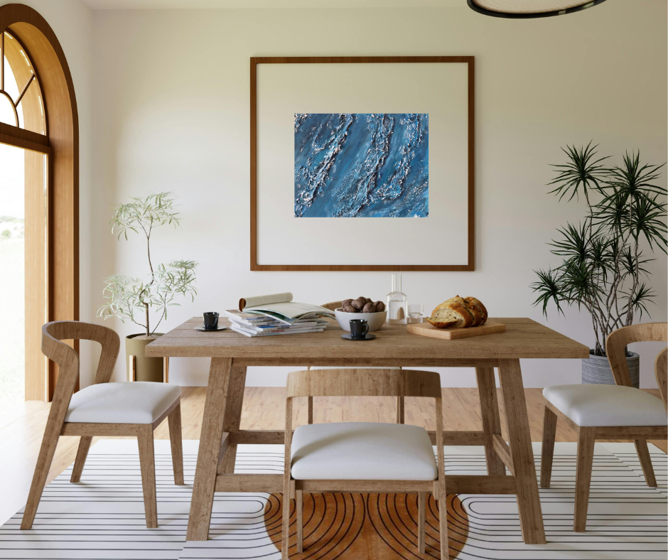 Toile abstraite représentant les nuances de bleu de l’océan avec des effets de lumière.