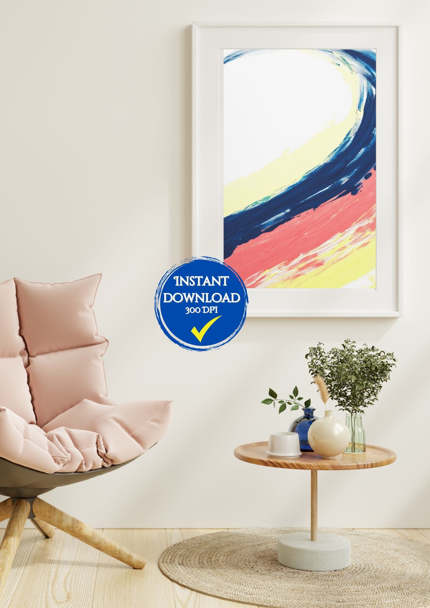 Plage au crépuscule : Cette affiche numérique évoque la douceur d’une soirée sur la plage avec une vague aux trois couleur blu rose et jaune , idéale pour un coin détente. #Plage #Crépuscule


