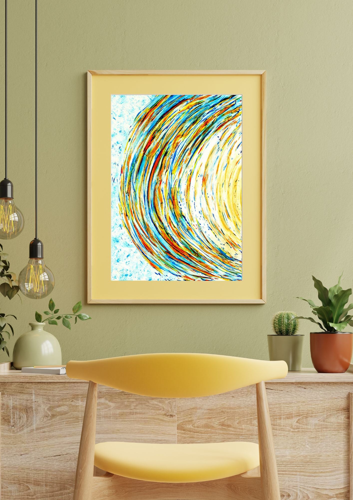 Affiche murale d’art abstrait dynamique espace bleu et jaune. Poster à accrocher et à encadrer. Une composition qui évoque le mouvement et l’énergie.