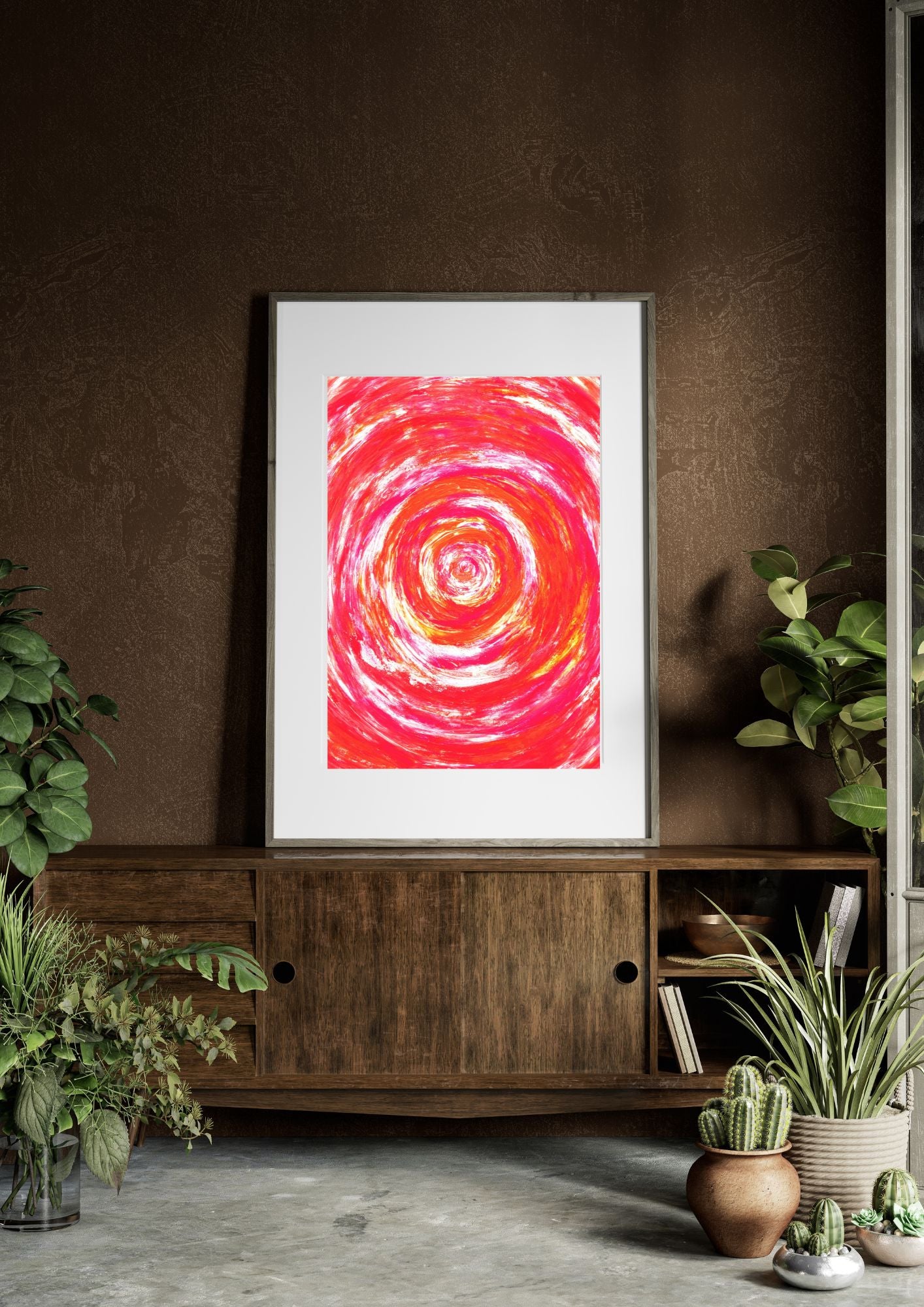 Affiche murale d’art abstrait dynamique rose et blanc. Une composition qui évoque le mouvement et l’énergie.