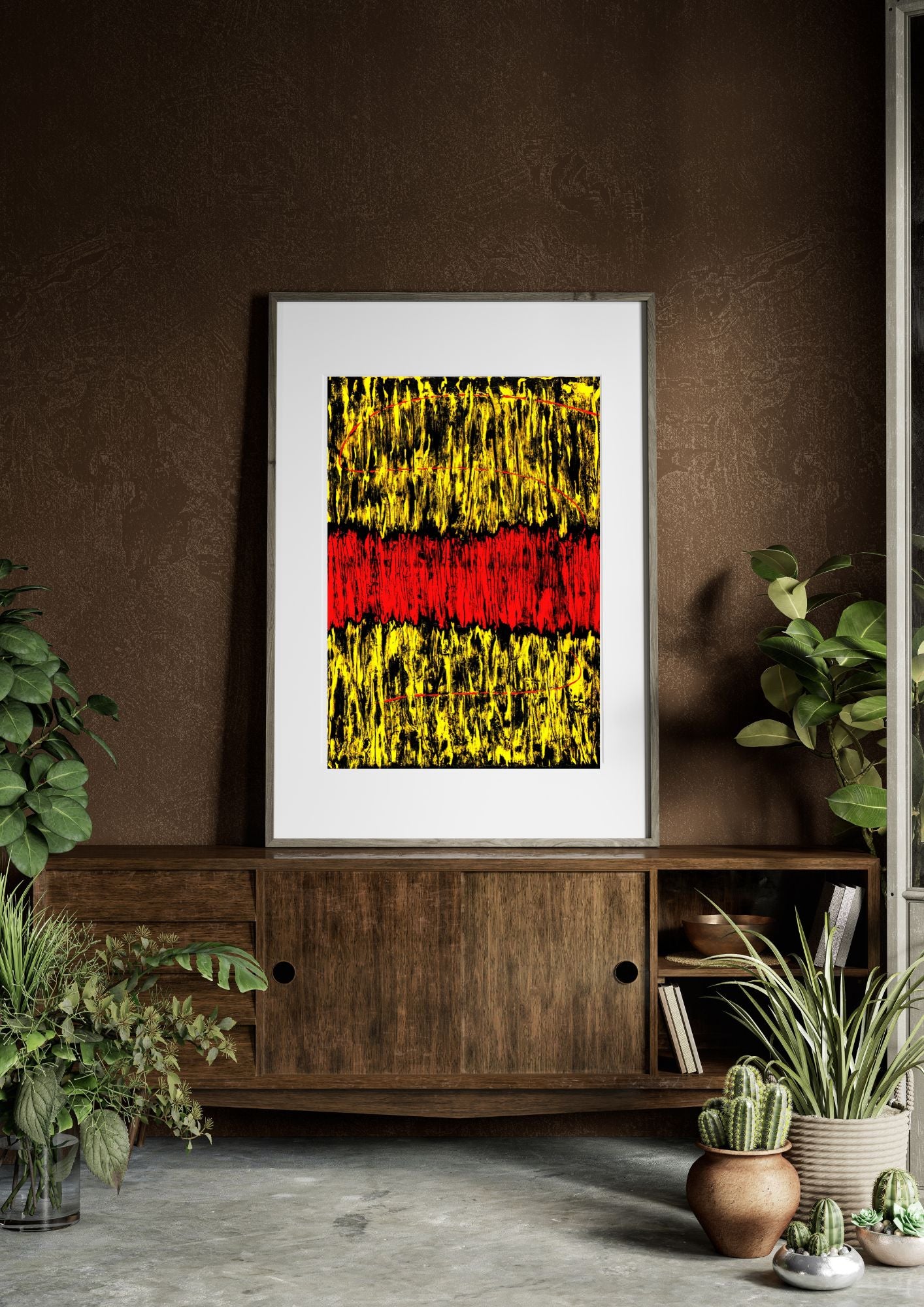 Reproduction d’art abstrait moderne roug noir et jaune. Une pièce unique qui apporte une touche contemporaine à votre décoration.