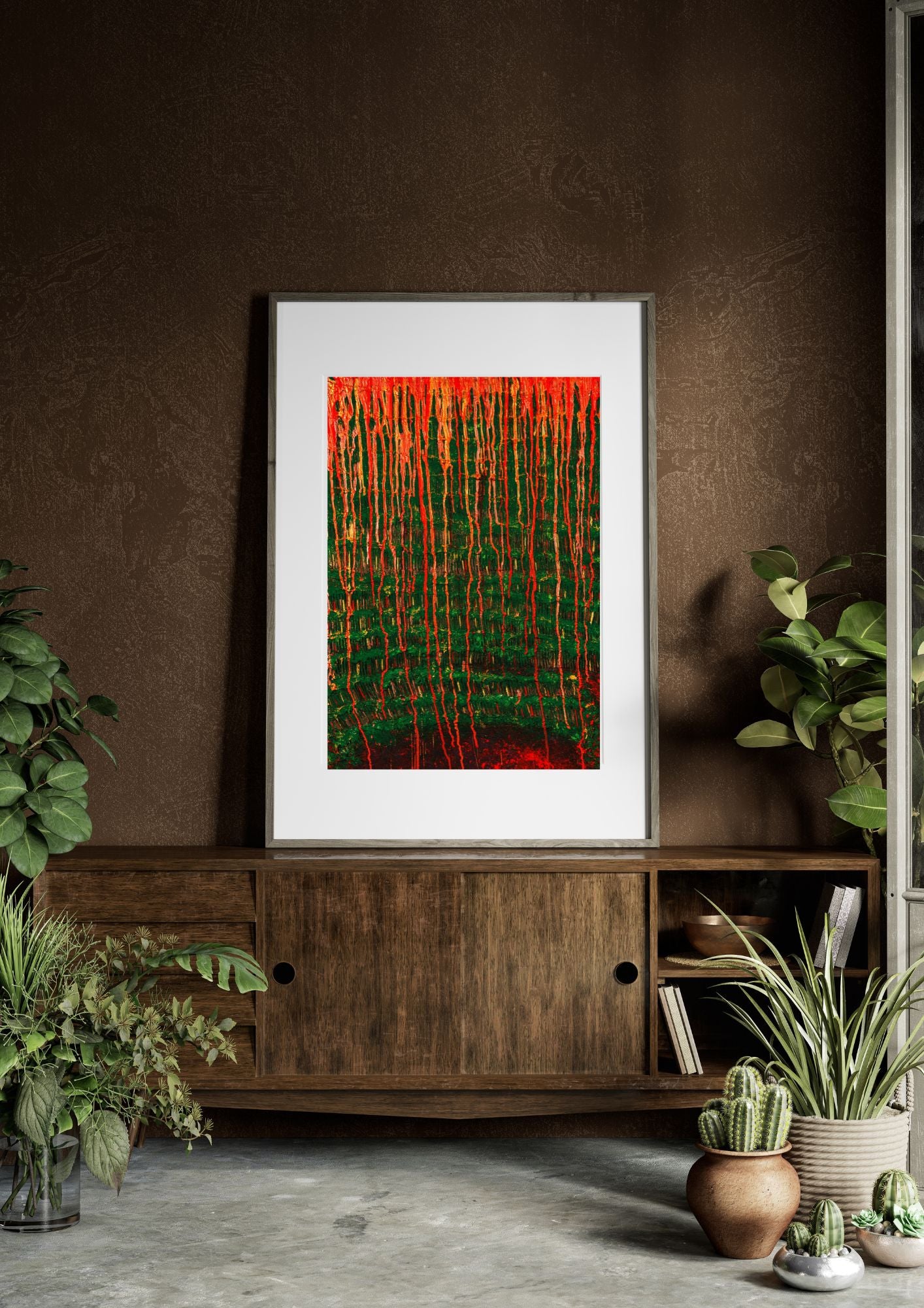 Peinture abstraite en dégradés vignes rouge et vert. Une pièce douce et apaisante qui invite à la rêverie dans votre décoration d'intérieure.