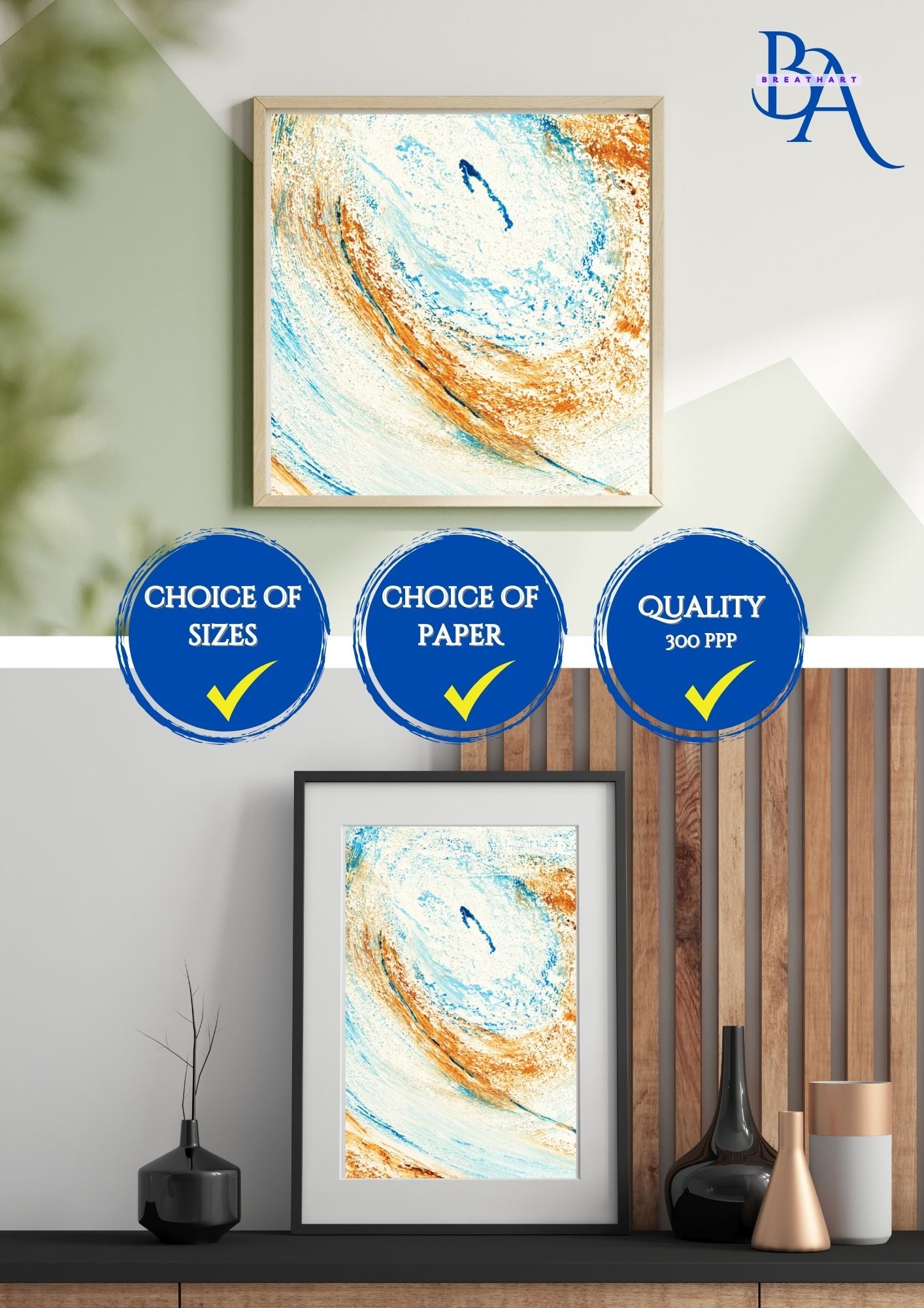 Affiche d’art abstrait avec motifs fluides sur le thème de la plage. Des lignes ondulantes qui créent une ambiance relaxante.