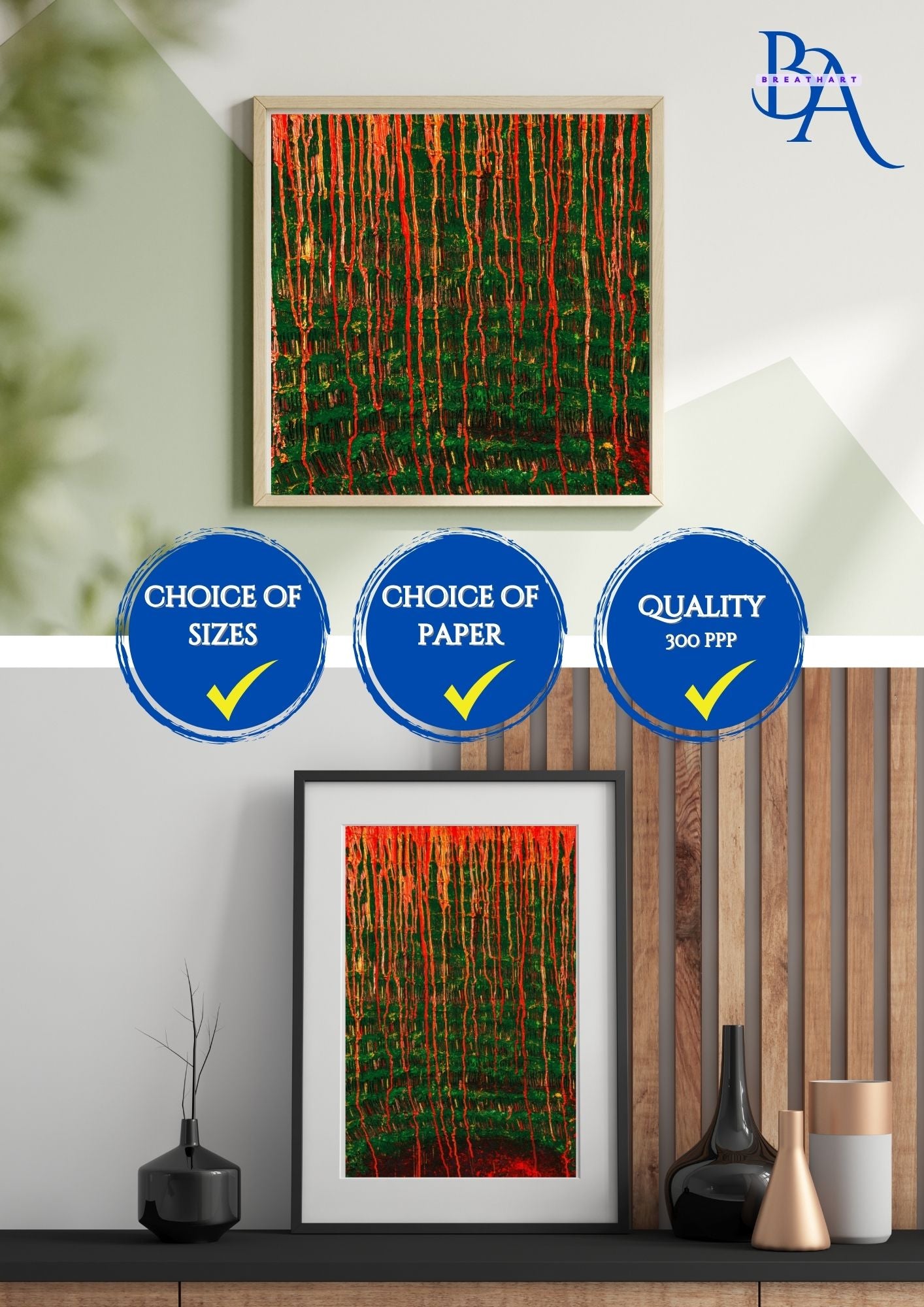 Affiche d’art abstrait avec motifs fluides vert et roume vignes. Des lignes ondulantes qui créent une ambiance relaxante.