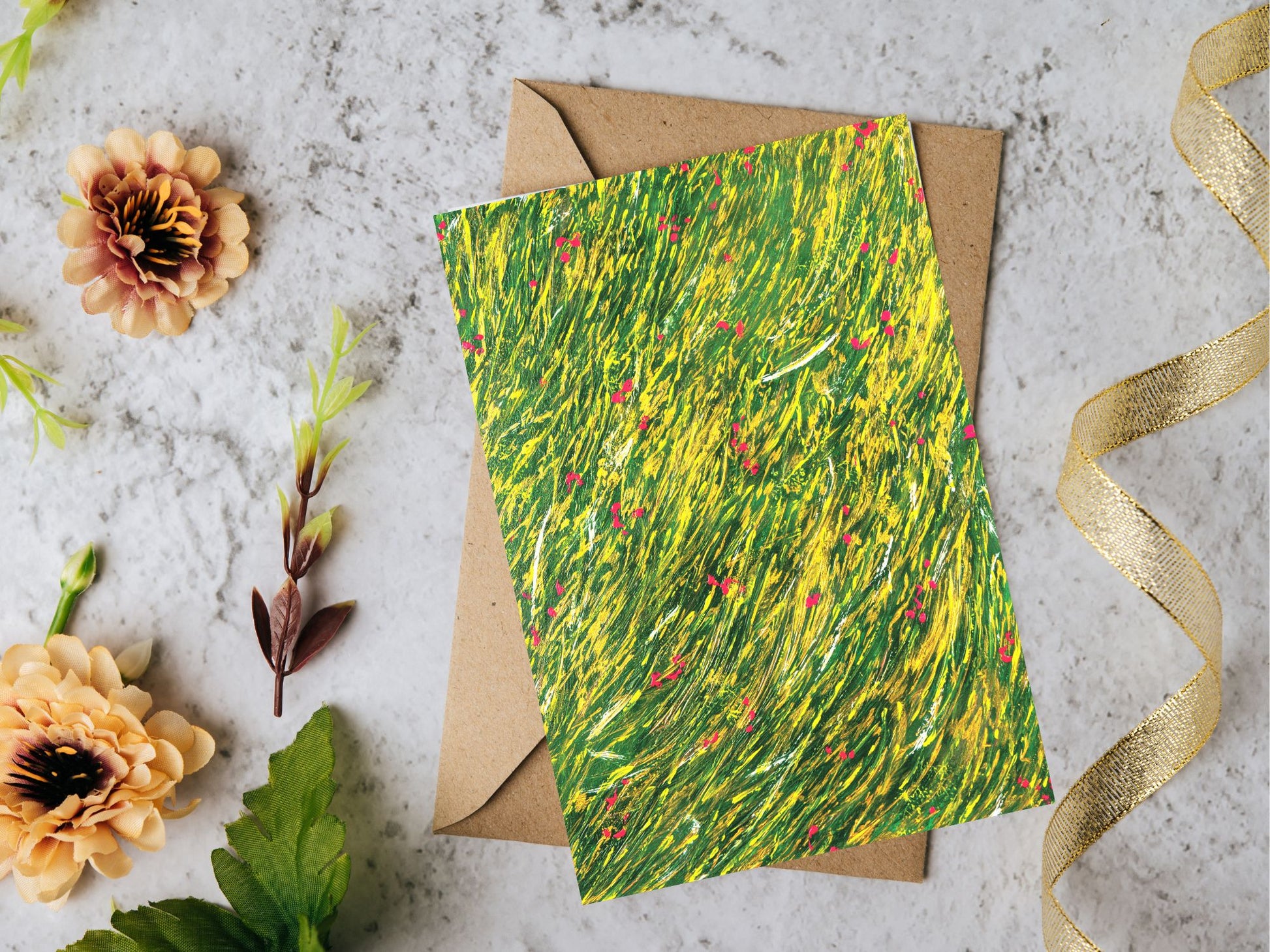 Carte de vœux avec peinture Breathart en gris et or, idéale pour les fêtes.
