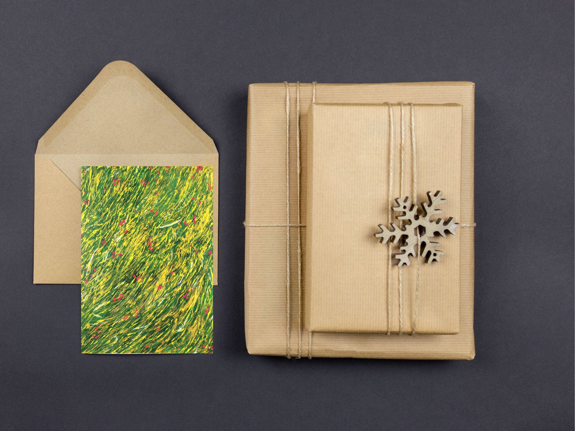 Carte recto simple avec art abstrait en jaune et gris, parfaite pour les vœux.
