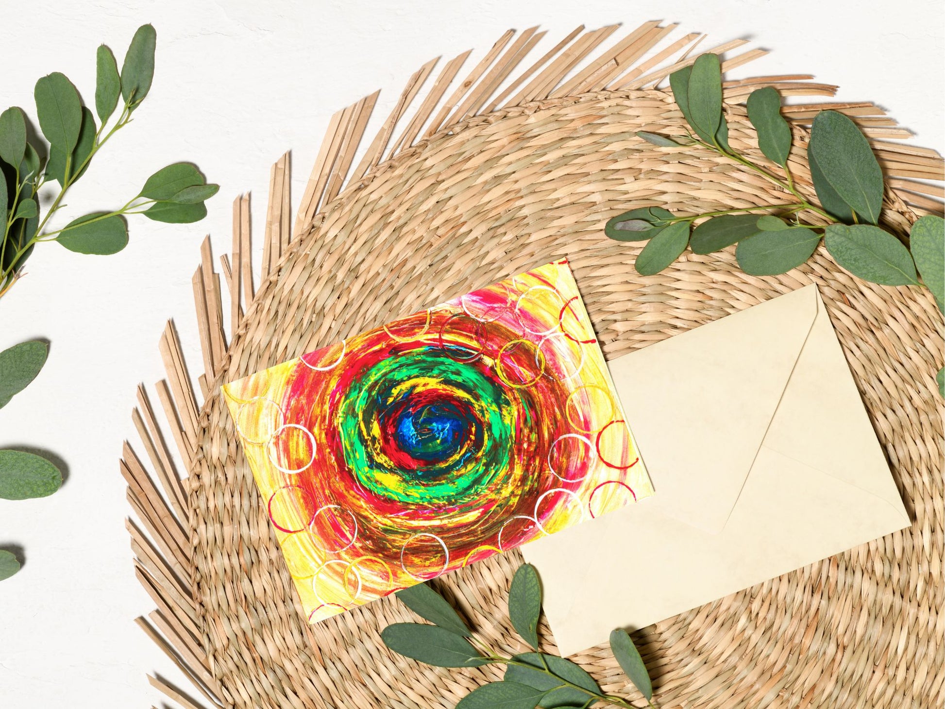Carte de vœux avec reproduction artistique abstraite pour accompagner un cadeau.
