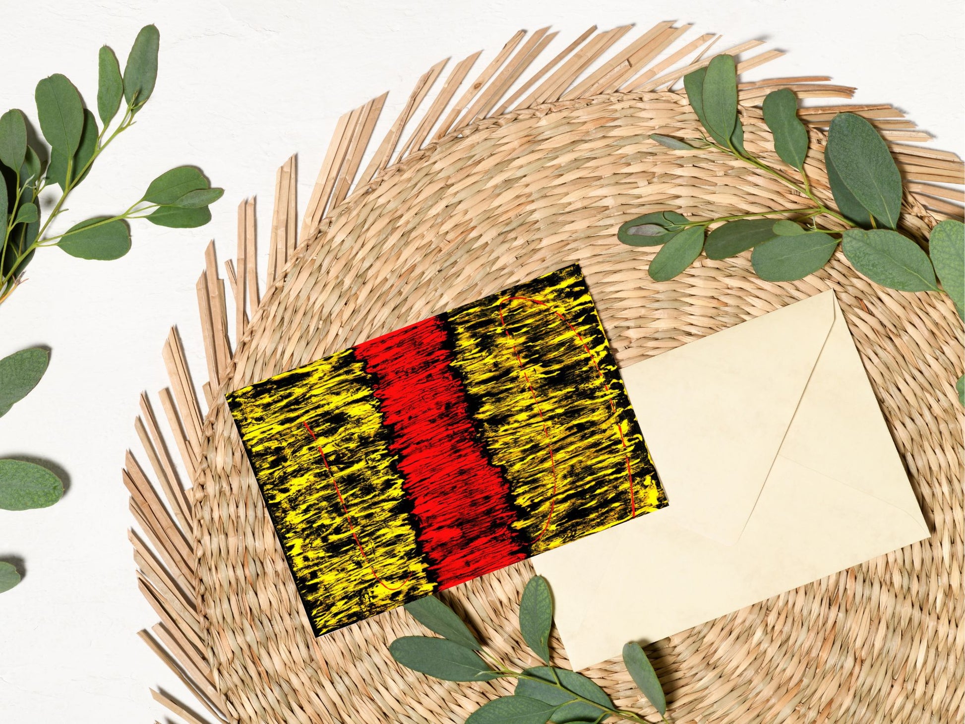 Carte de Noël avec peinture abstraite en rouge et noir, parfaite pour les cadeaux.

