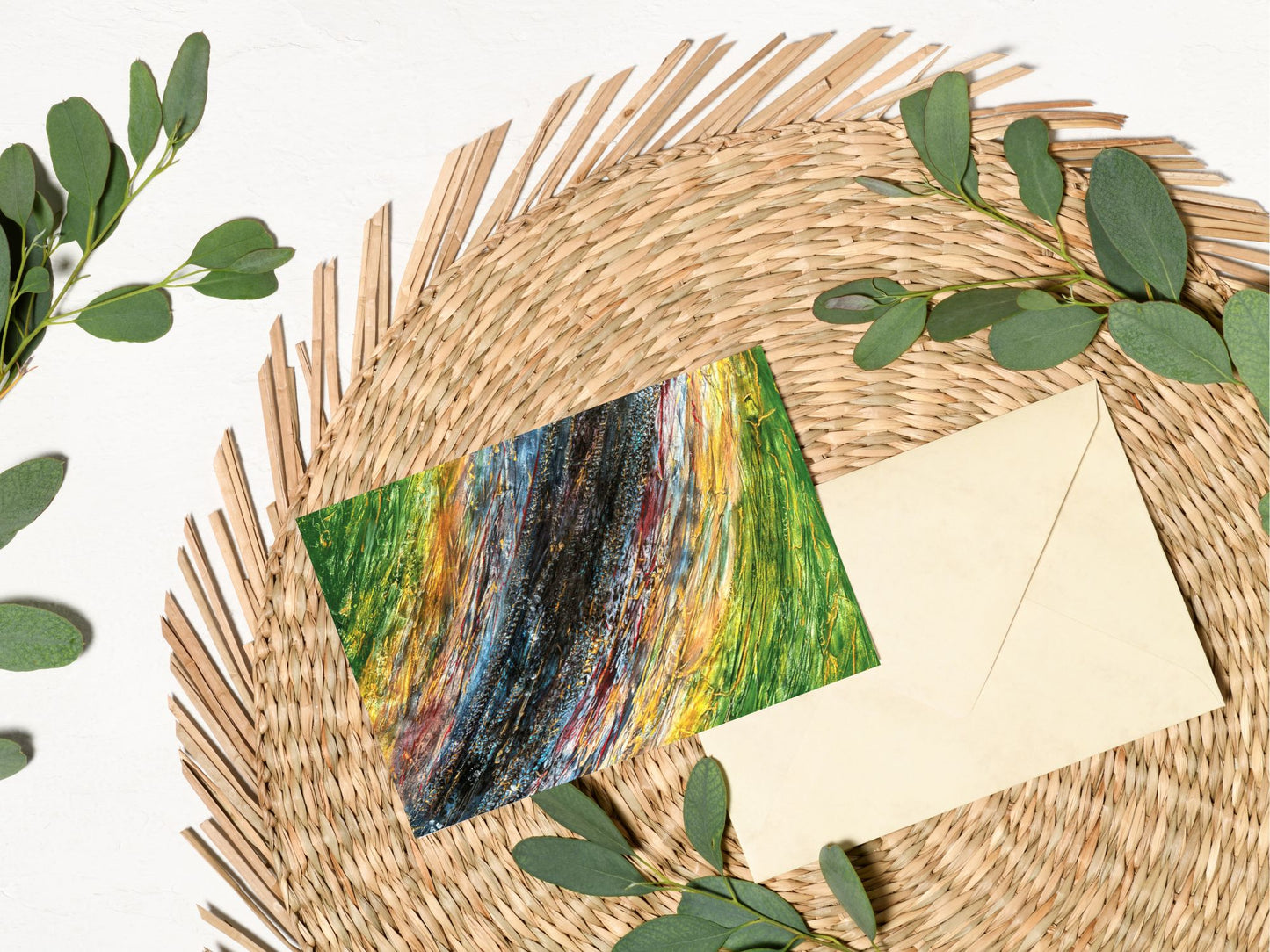 Lot de cartes de correspondance avec motifs abstraits en rouge et vert.
