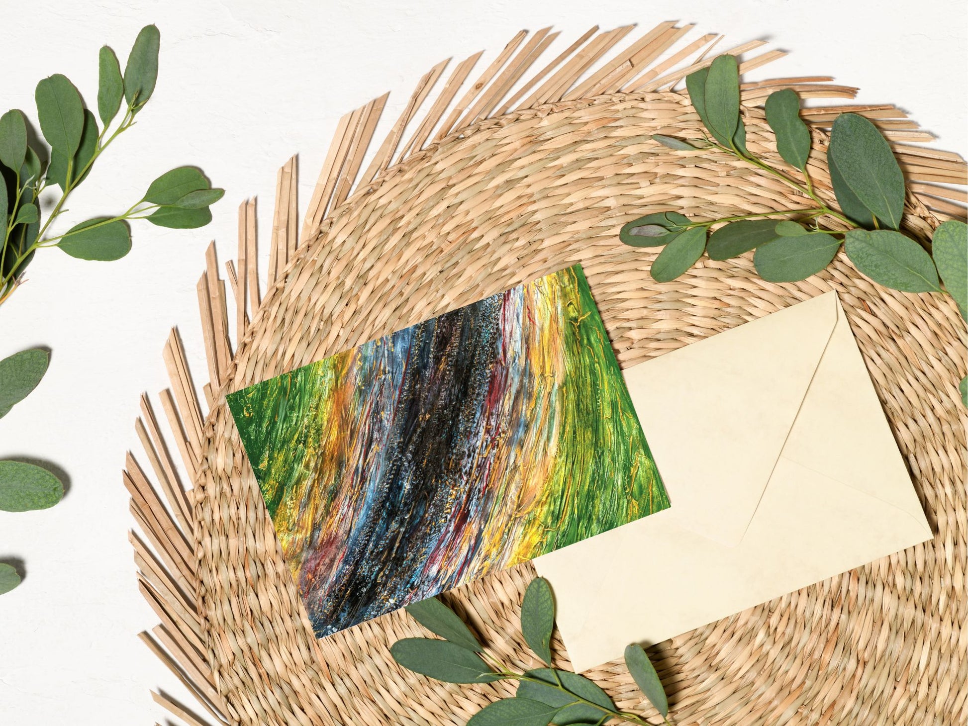 Lot de cartes de correspondance avec motifs abstraits en rouge et vert.
