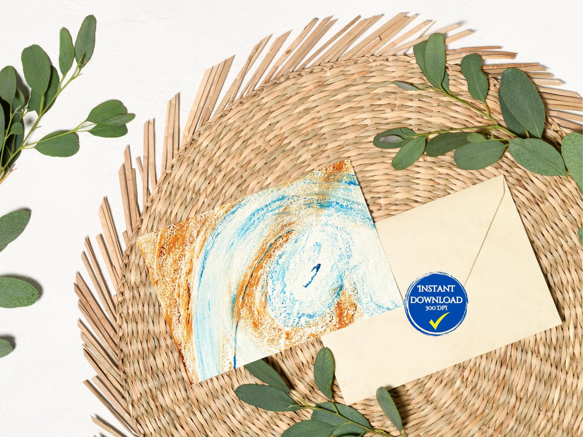 Carte de naissance à imprimer avec art abstrait en bleu pastel, écologique et pratique.
