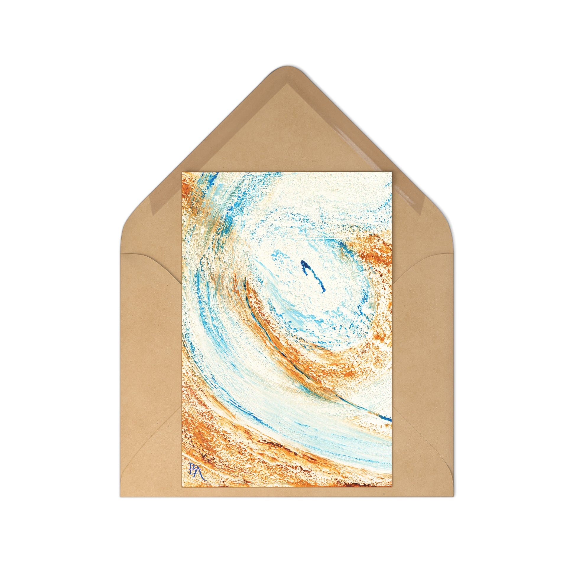 Carte de Noël avec design abstrait en rouge et bleu, idéale pour accompagner un cadeau.
