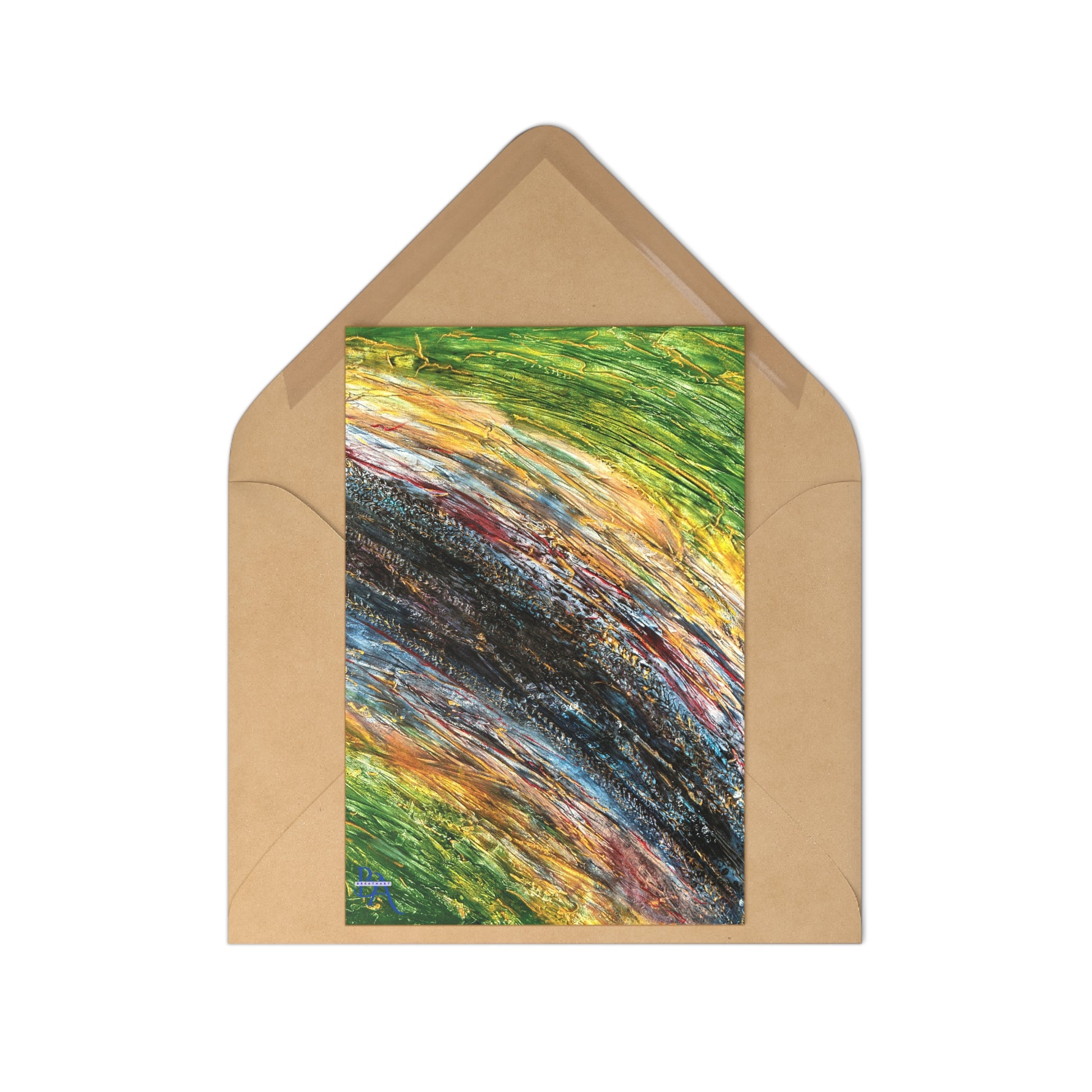 Carte de vœux avec peinture Breathart en jaune et crème, idéale pour les fêtes.
