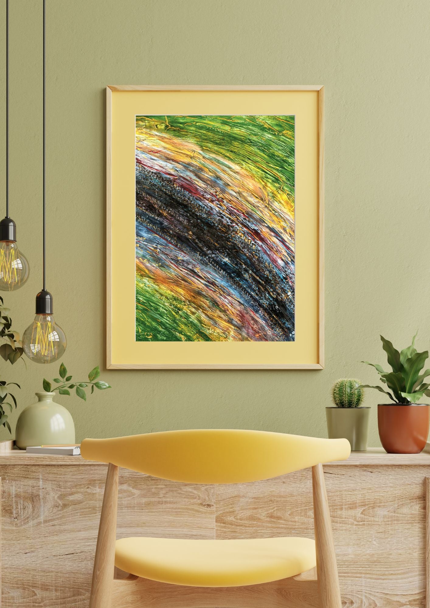 Affiche d’art abstrait avec motifs fluides vert et jaune sur le thème de la route. Des lignes ondulantes qui créent une ambiance relaxante.