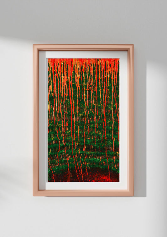 Tableau abstrait contemporain en vert foncé, rouge vigne – Un choix élégant et intemporel pour un décor chic.