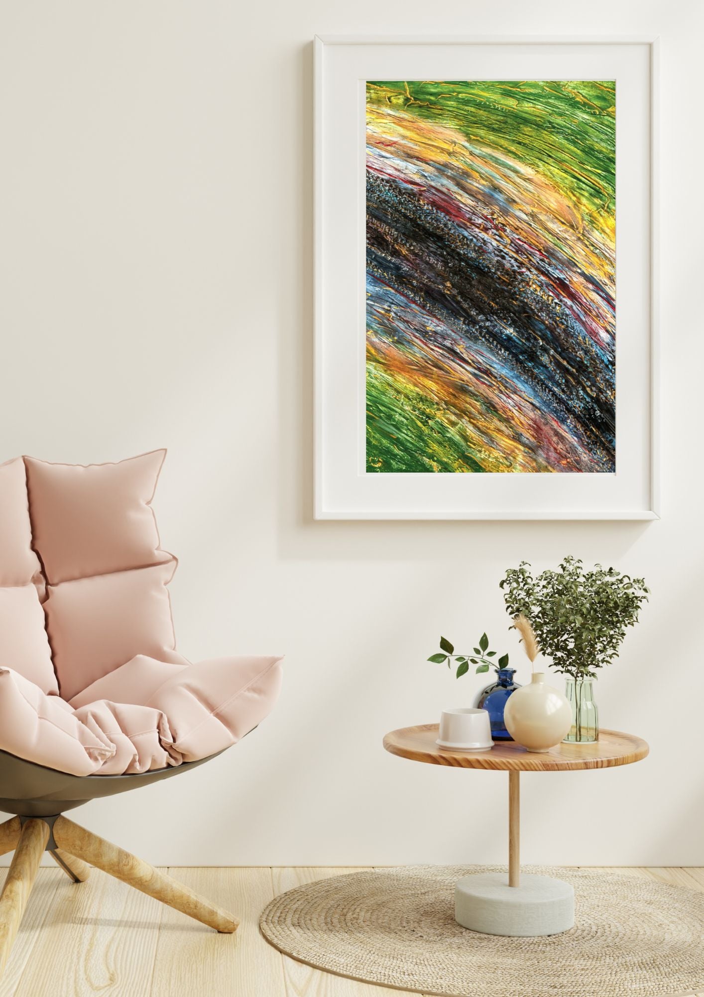 Reproduction d’une peinture abstraite inspirée des voyages – Des teintes aquatiques qui évoquent la mer et la sérénité.