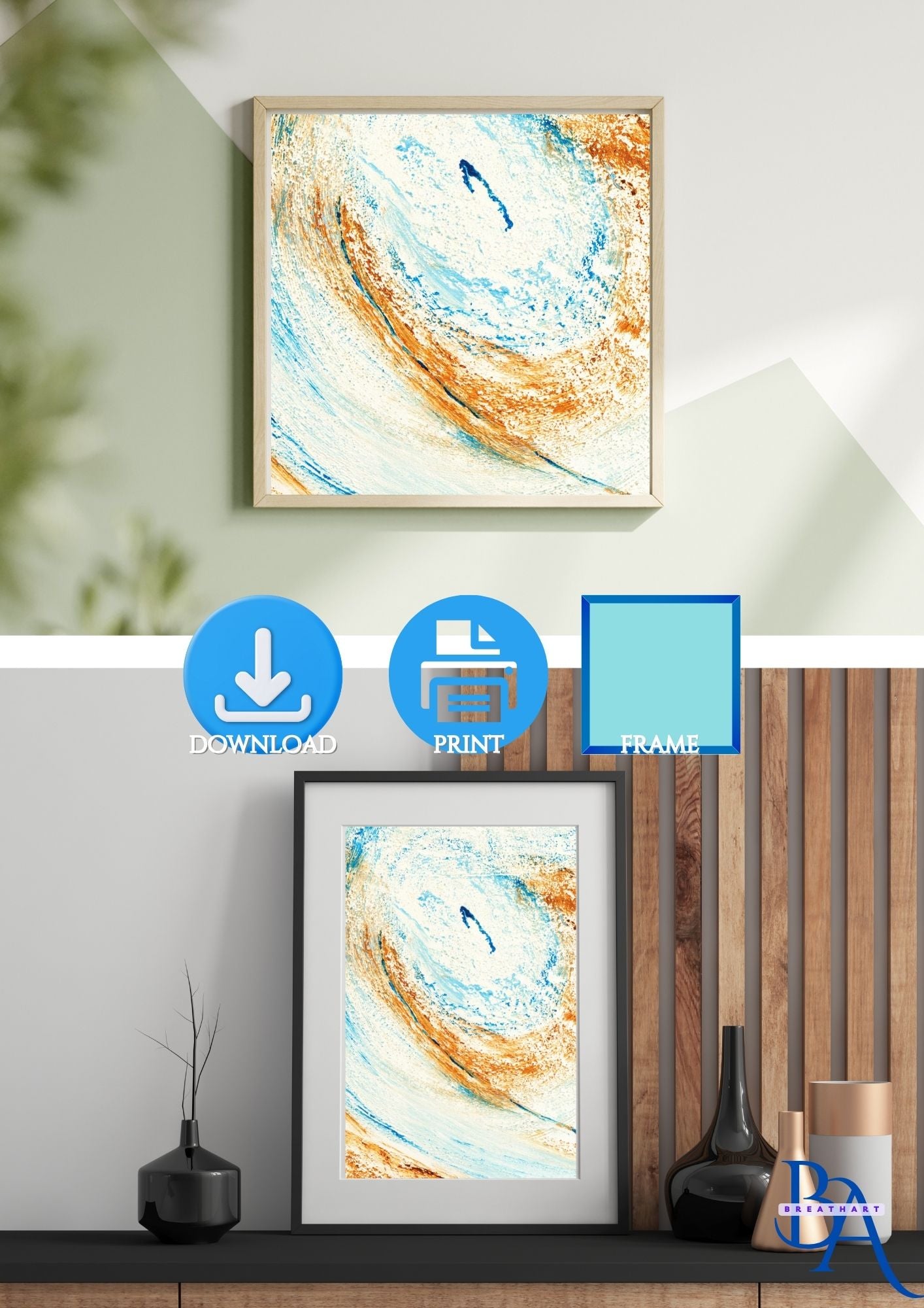 Peinture sable bleu et marron : Cette affiche murale numérique transforme n’importe quelle pièce en une plage de créativité. #DécorationMurale #Artnumérique


