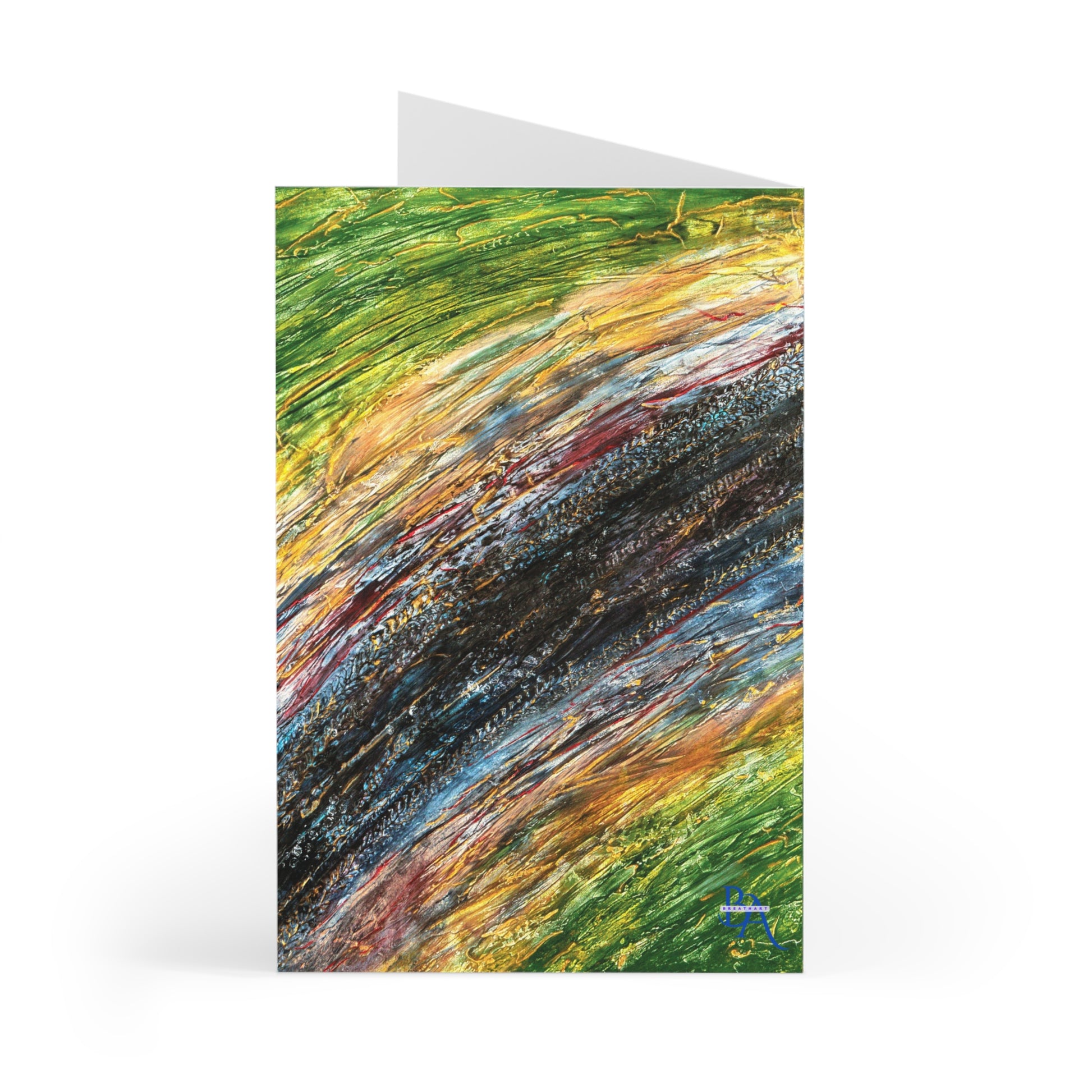 Carte double de Noël avec peinture abstraite en vert et noir.
