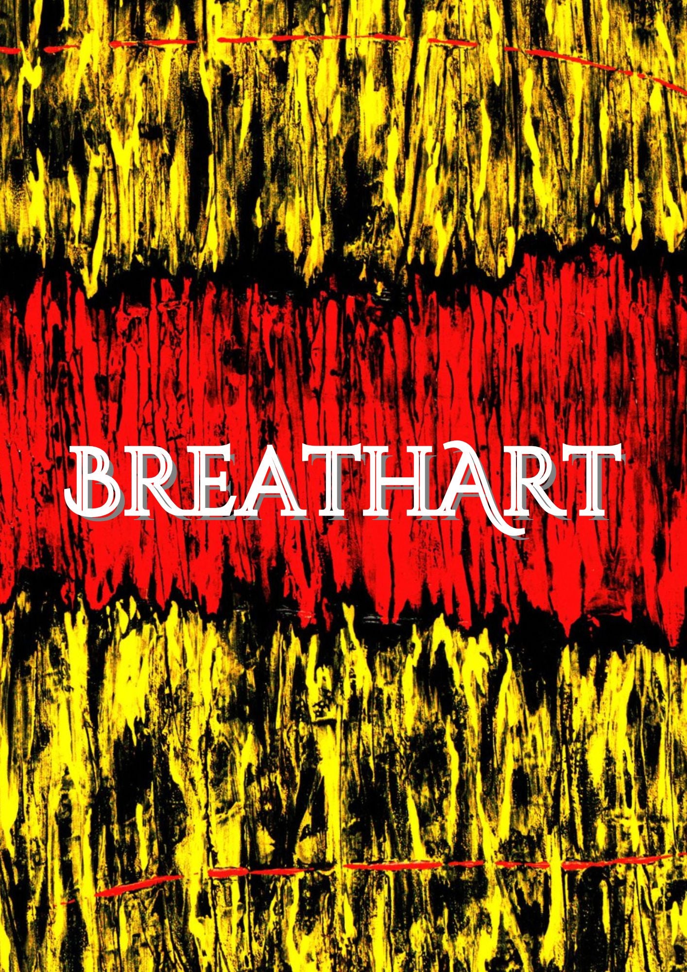 Affiche d’art abstrait avec éclats de couleurs acryliques rouge jaune noir.  Une œuvre vibrante qui égaye n’importe quelle pièce.