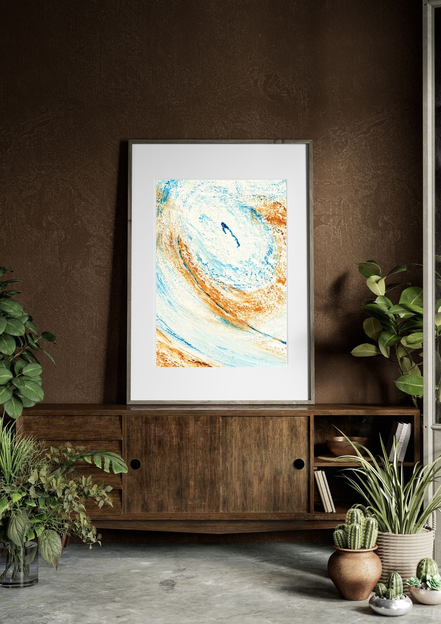 Peinture abstraite en dégradés sable bleu et marron. Une pièce douce et apaisante qui invite à la rêverie dans votre décoration d'intérieure.