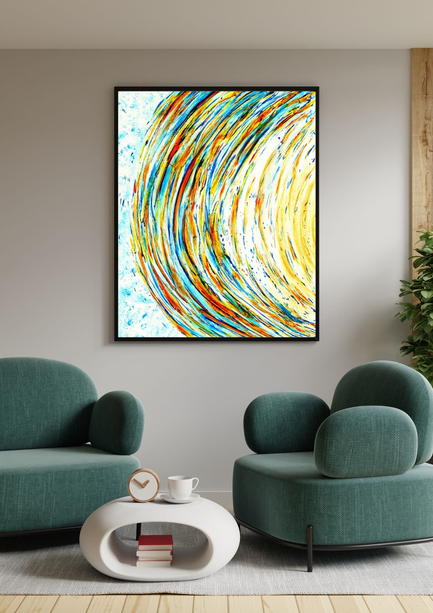 Peinture abstraite énergique avec éclaboussures de peinture espace bleu et jaune blanc – Un design qui apporte du caractère et de la vitalité à votre décoration.