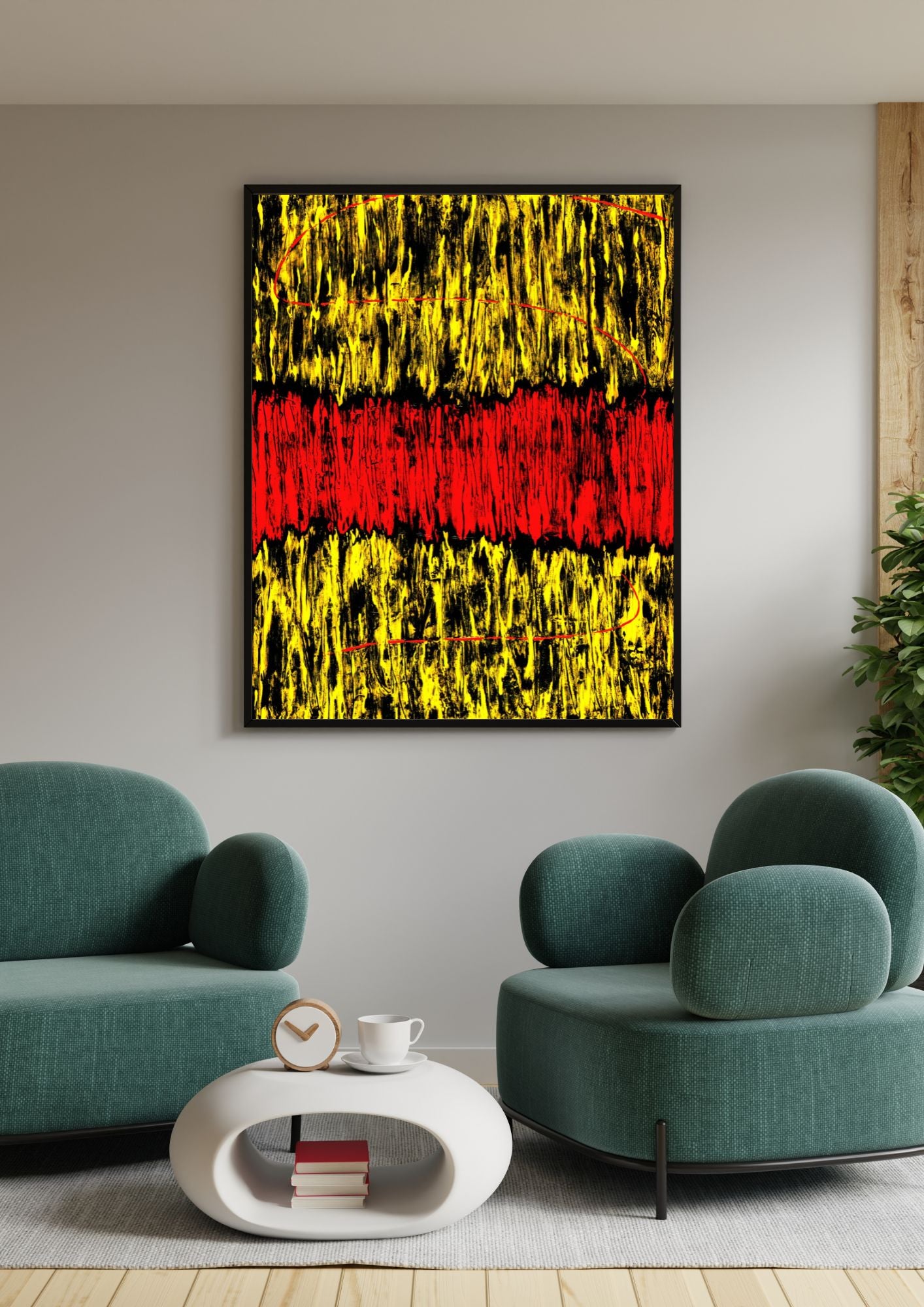 Affiche murale d’art abstrait minimaliste jaune et rouge.  Un design épuré pour ceux qui préfèrent une esthétique simple et raffinée.