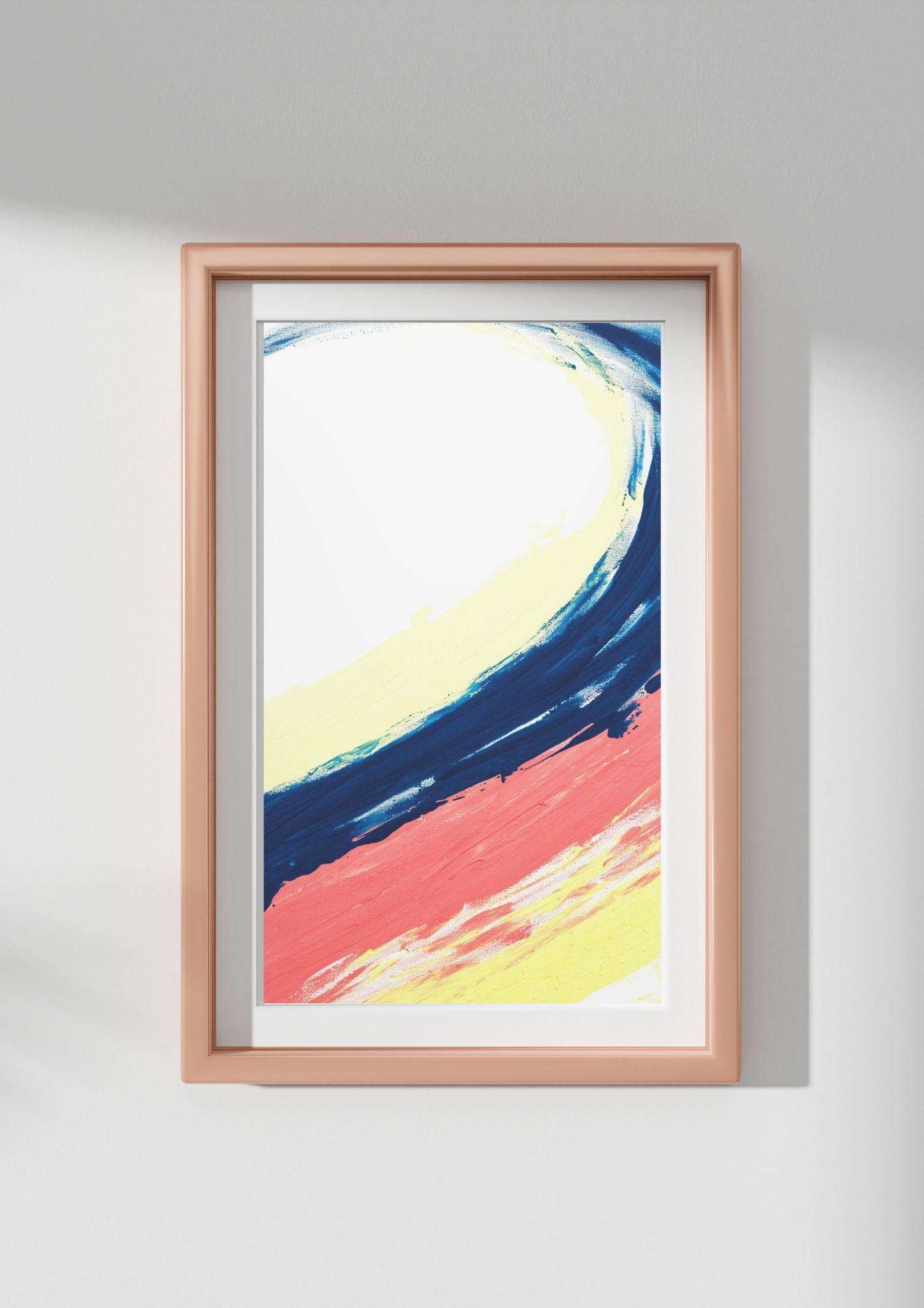Tableau abstrait contemporain en bleu, rose et jaune. Un choix élégant et intemporel pour un décor chic.