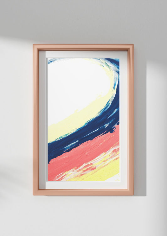 Tableau abstrait contemporain en bleu, rose et jaune. Un choix élégant et intemporel pour un décor chic.