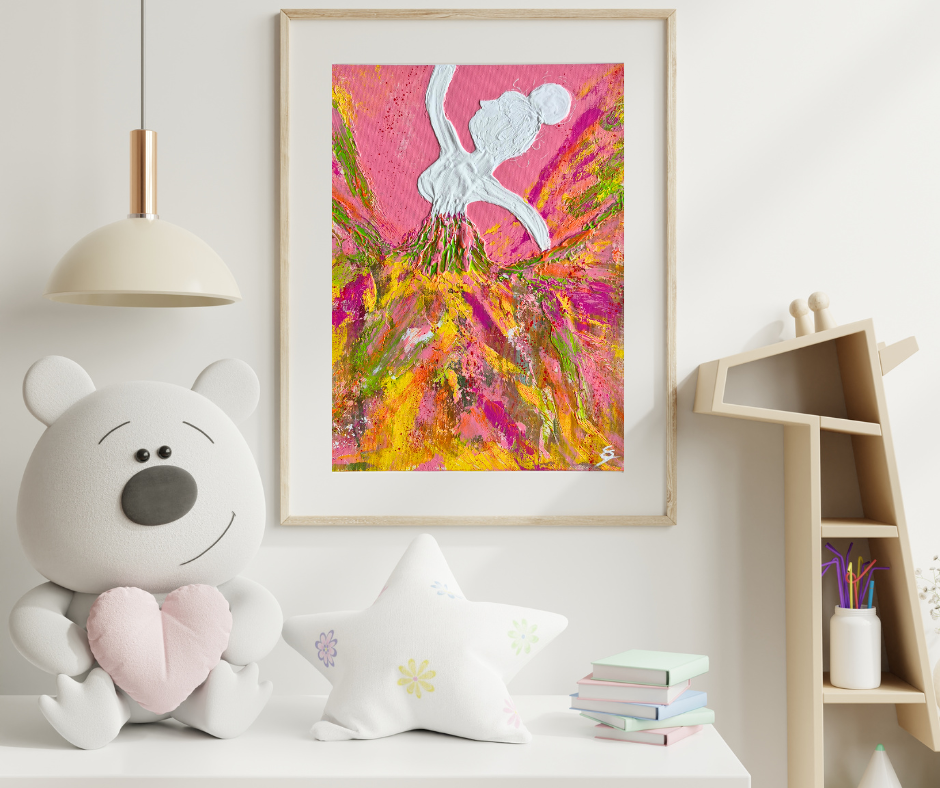 Tableau moderne d’une danseuse avec une robe colorée et des touches de peinture expressives.