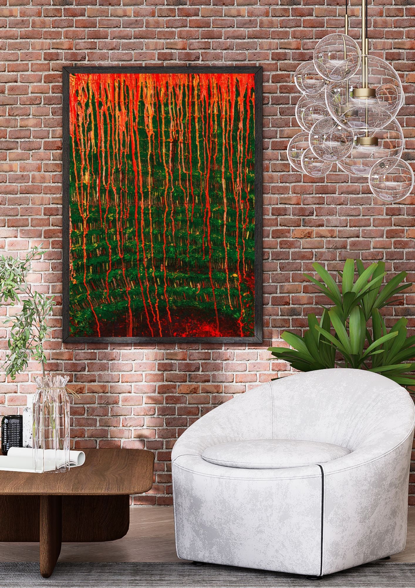 Affiche d’art abstrait avec motifs fluides vert et roume vignes. Des lignes ondulantes qui créent une ambiance relaxante.