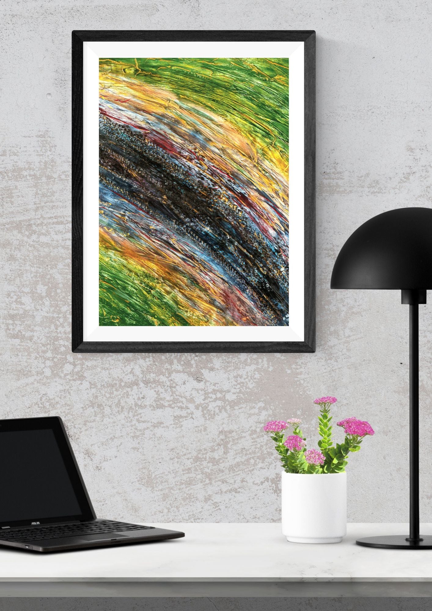 Peinture abstraite énergique avec éclaboussures de peinture vert gris et jaune – Un design qui apporte du caractère et de la vitalité à votre décoration.