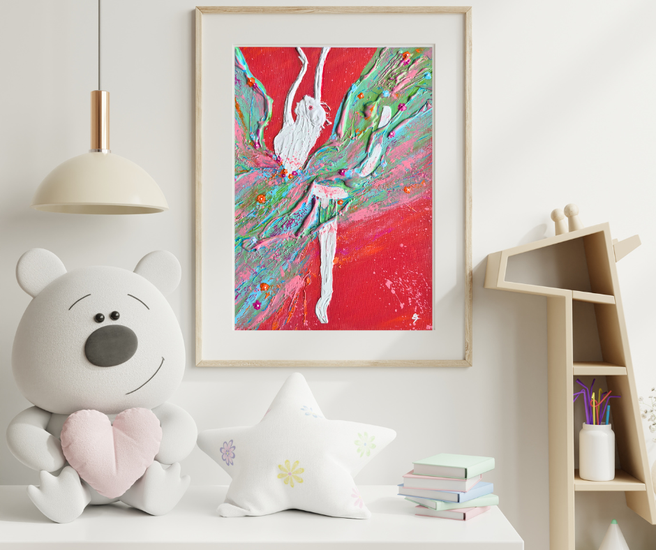 Œuvre abstraite illustrant une danseuse avec des teintes multicolores et un effet de mouvement fluide.