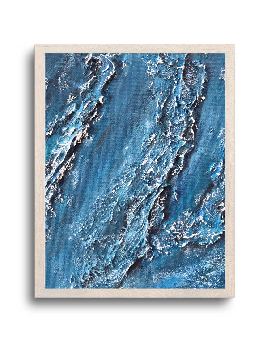 Tableau abstrait aux tons marins créant une ambiance relaxante et immersive.